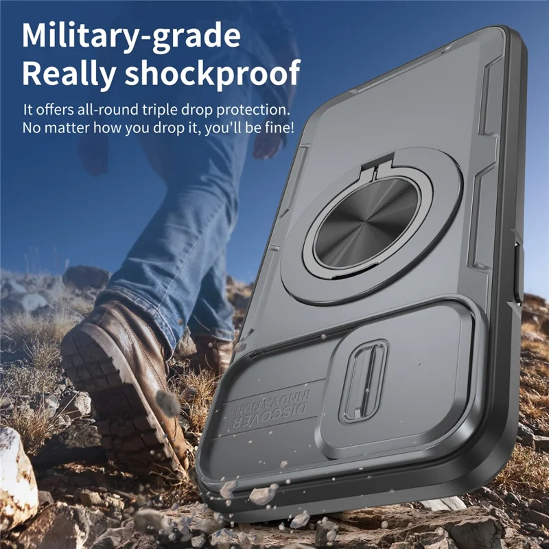 For iPhone 13 Pro Magnetic Case Slide Camera Cover Rotary Kickstand PC + TPU Phone Shell - Grey