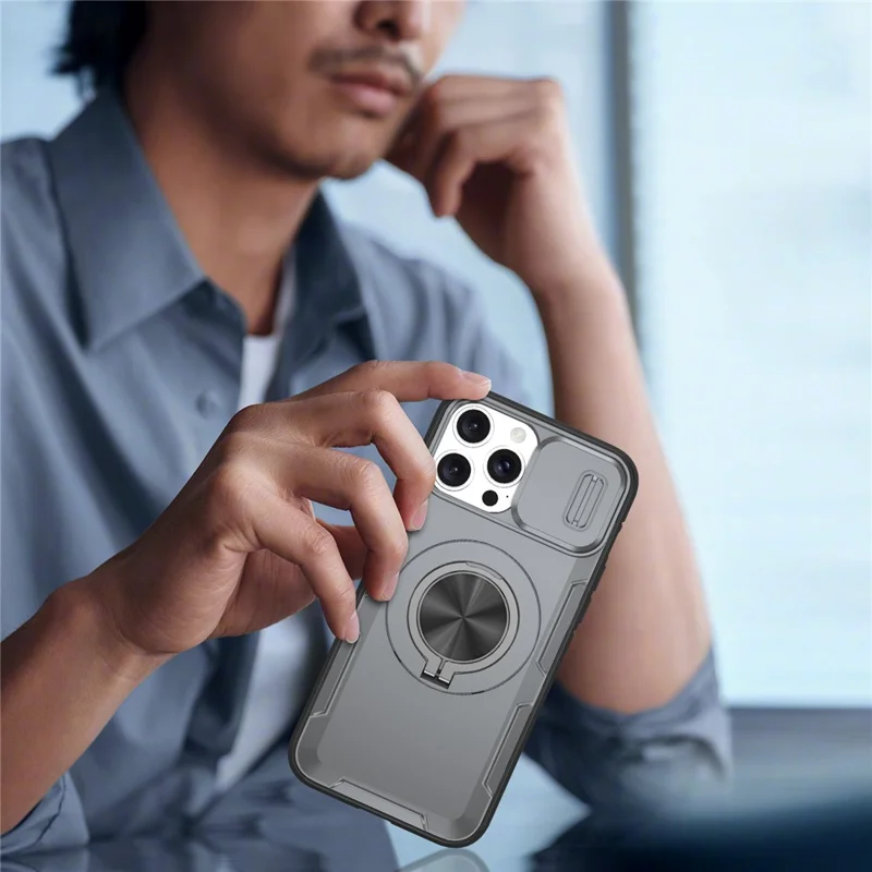 For iPhone 13 Pro Magnetic Case Slide Camera Cover Rotary Kickstand PC + TPU Phone Shell - Grey