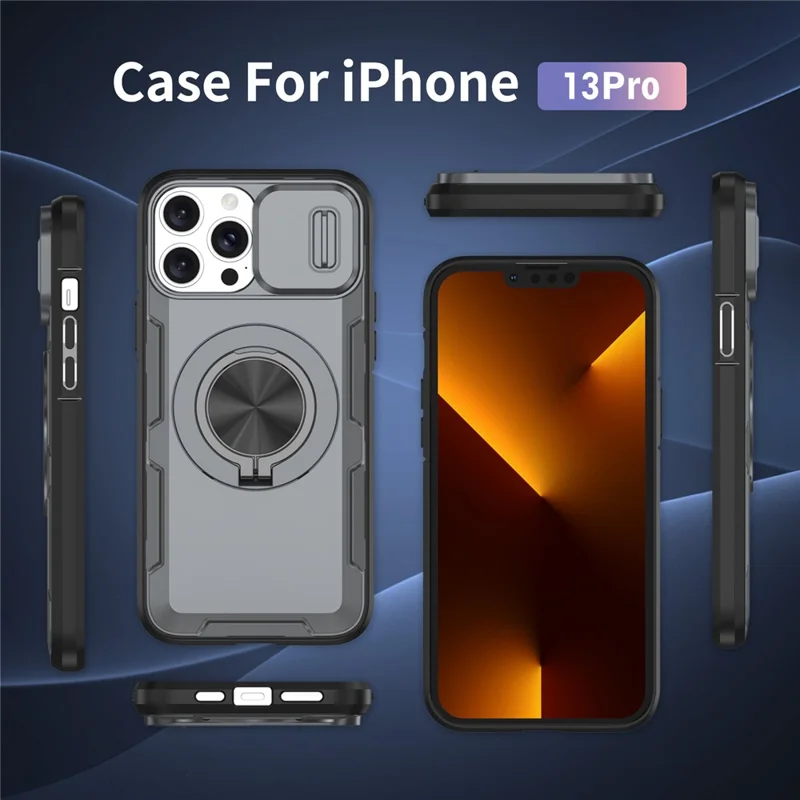 For iPhone 13 Pro Magnetic Case Slide Camera Cover Rotary Kickstand PC + TPU Phone Shell - Grey