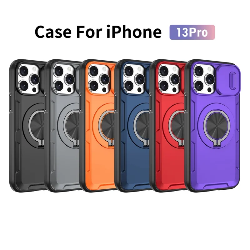For iPhone 13 Pro Magnetic Case Slide Camera Cover Rotary Kickstand PC + TPU Phone Shell - Grey