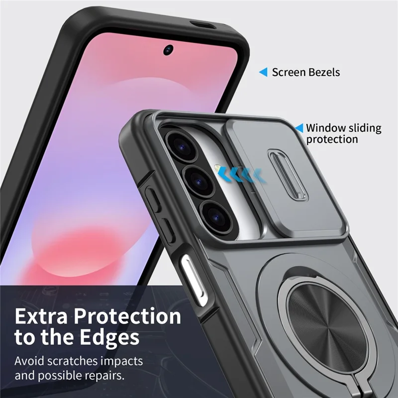 For Samsung Galaxy A27 5G  /  A37 5G Magnetic Case Slide Camera Cover Rotary Kickstand PC + TPU Phone Shell - Grey