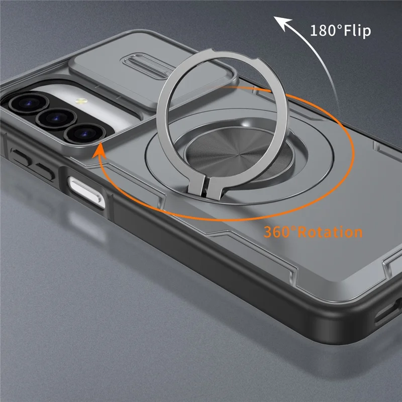 For Samsung Galaxy A27 5G  /  A37 5G Magnetic Case Slide Camera Cover Rotary Kickstand PC + TPU Phone Shell - Grey