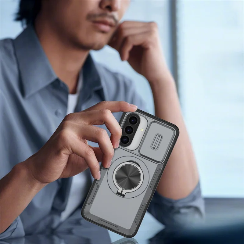 For Samsung Galaxy A27 5G  /  A37 5G Magnetic Case Slide Camera Cover Rotary Kickstand PC + TPU Phone Shell - Grey
