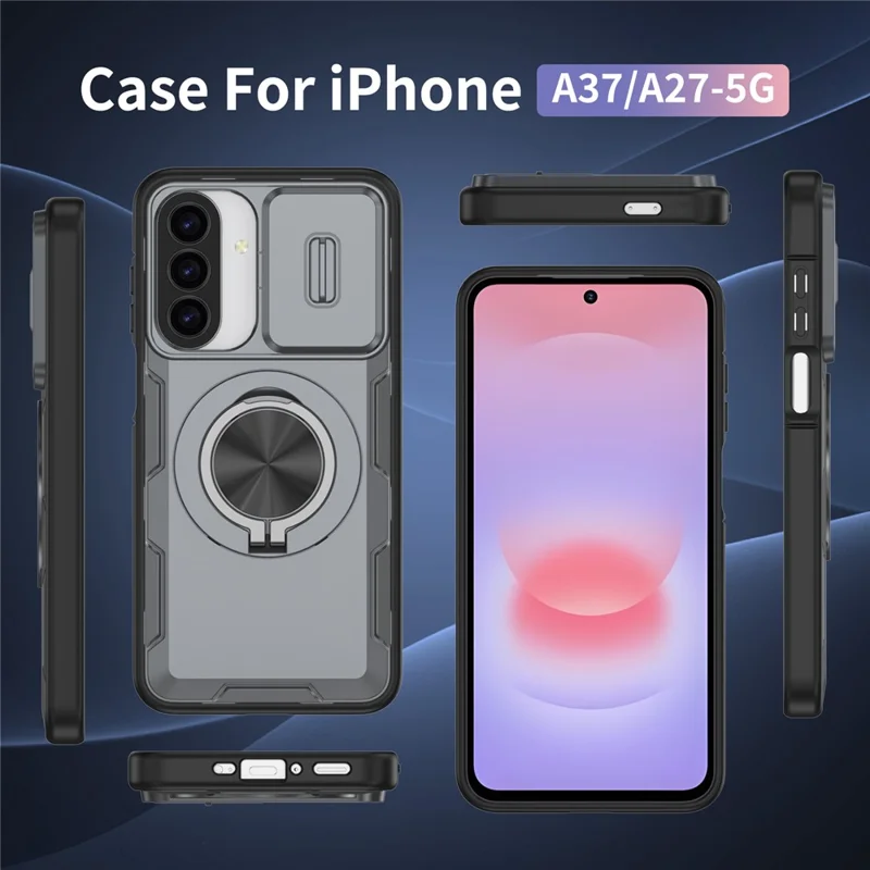 For Samsung Galaxy A27 5G  /  A37 5G Magnetic Case Slide Camera Cover Rotary Kickstand PC + TPU Phone Shell - Grey