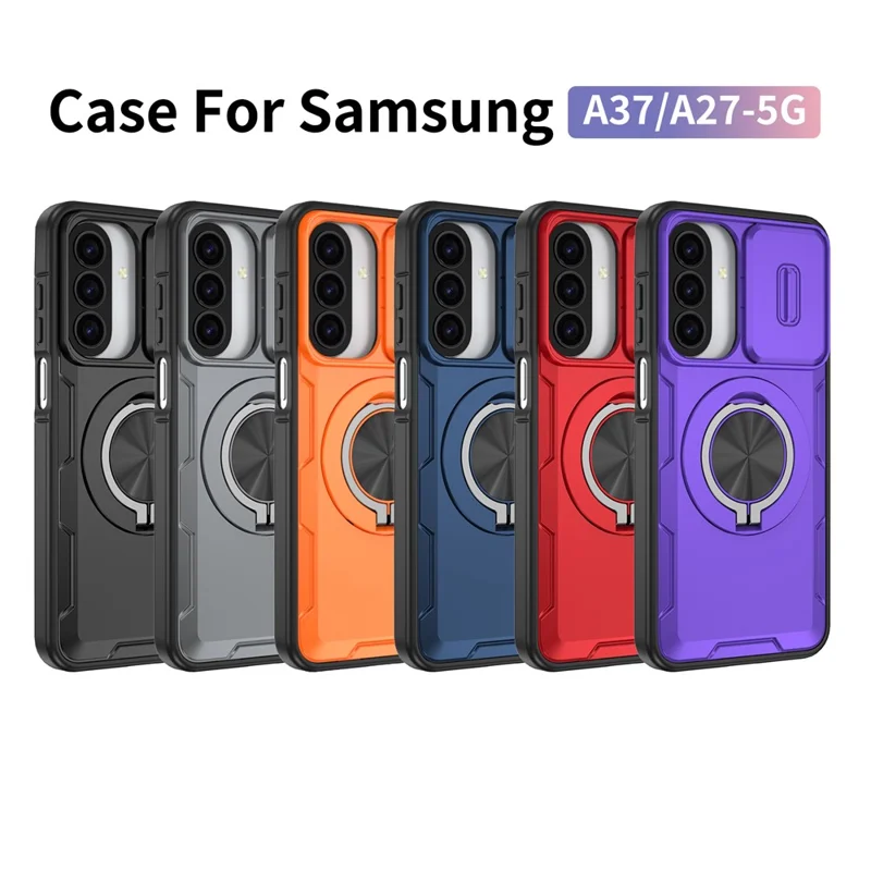 For Samsung Galaxy A27 5G  /  A37 5G Magnetic Case Slide Camera Cover Rotary Kickstand PC + TPU Phone Shell - Grey