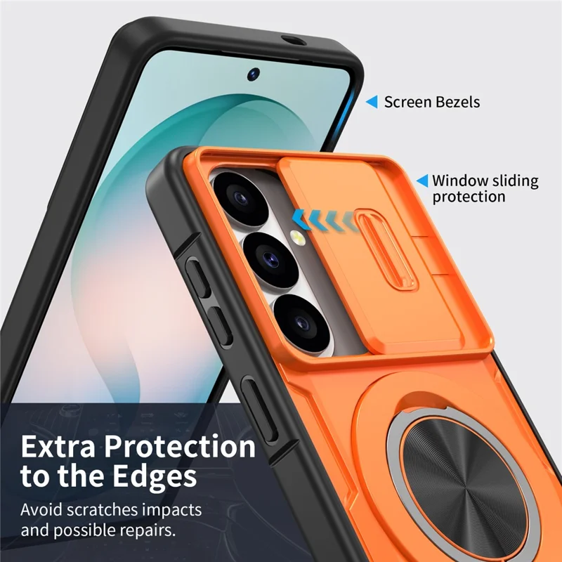 For Samsung Galaxy S26 Magnetic Case Slide Camera Cover Rotary Kickstand PC + TPU Phone Shell - Orange - 3