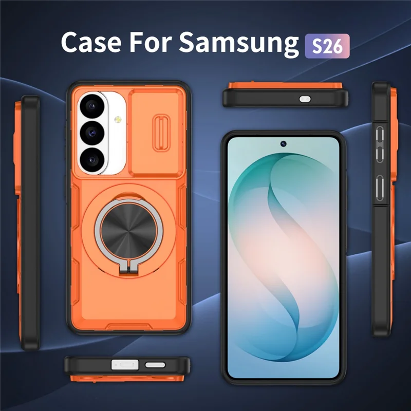 For Samsung Galaxy S26 Magnetic Case Slide Camera Cover Rotary Kickstand PC + TPU Phone Shell - Orange - 8