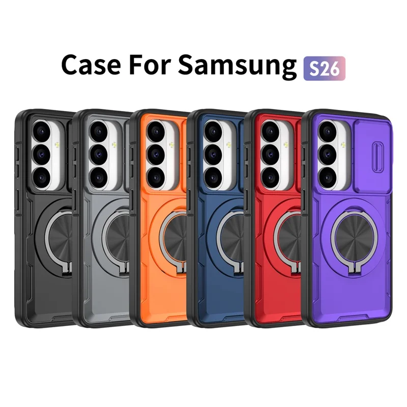 For Samsung Galaxy S26 Magnetic Case Slide Camera Cover Rotary Kickstand PC + TPU Phone Shell - Orange - 9