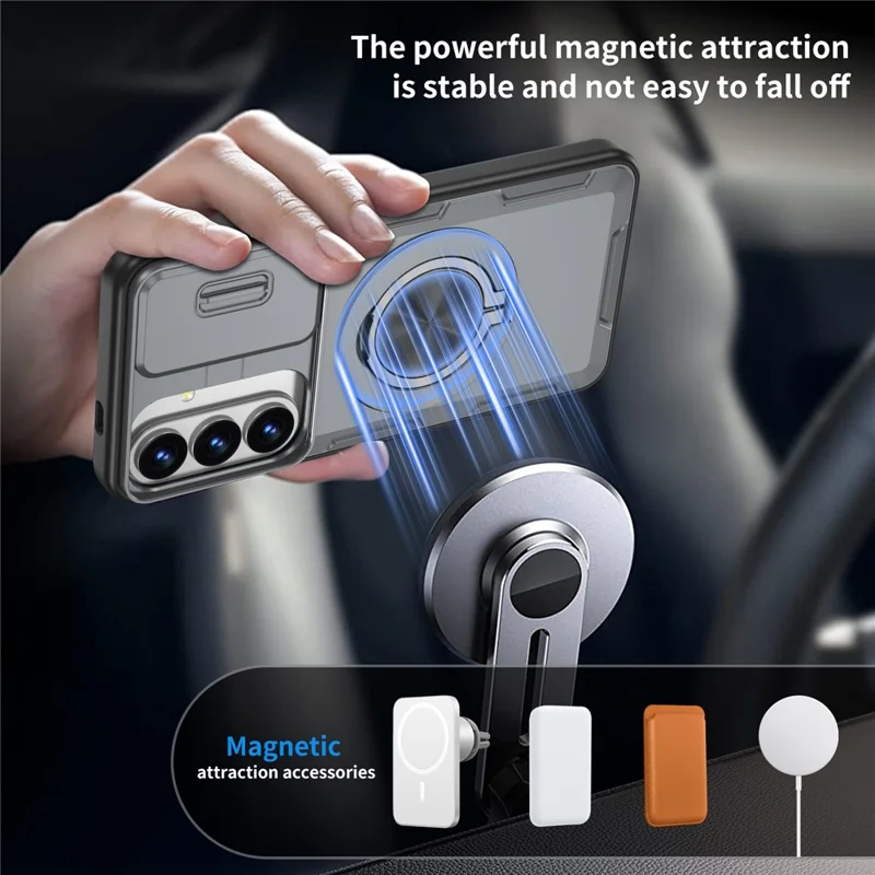 For Samsung Galaxy S26+  /  S25+  /  S24+ Magnetic Case Slide Camera Cover Rotary Kickstand PC + TPU Phone Shell - Grey