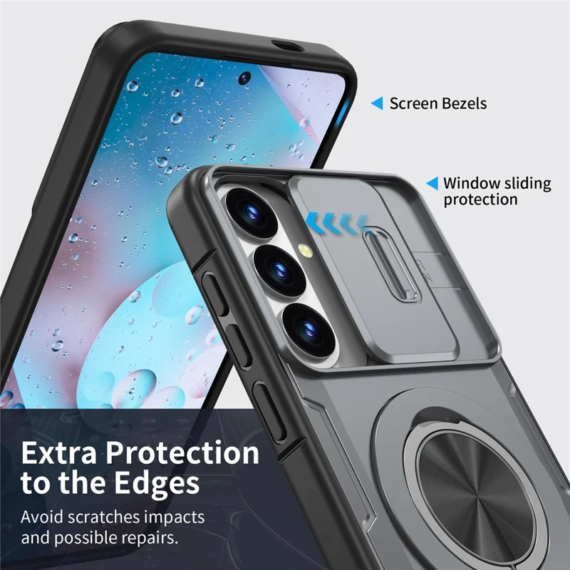 For Samsung Galaxy S26+  /  S25+  /  S24+ Magnetic Case Slide Camera Cover Rotary Kickstand PC + TPU Phone Shell - Grey