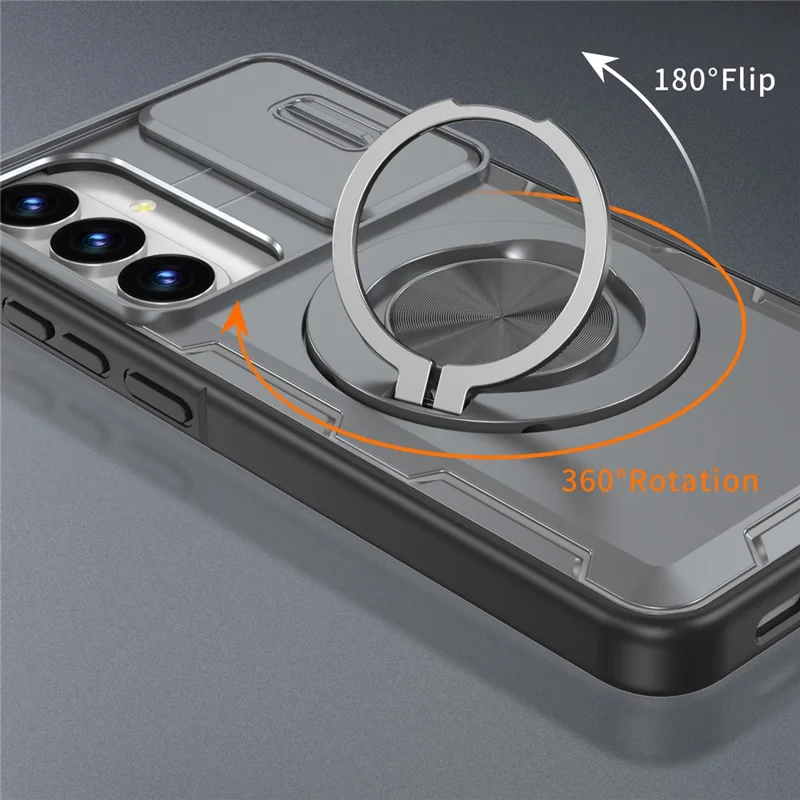 For Samsung Galaxy S26+  /  S25+  /  S24+ Magnetic Case Slide Camera Cover Rotary Kickstand PC + TPU Phone Shell - Grey