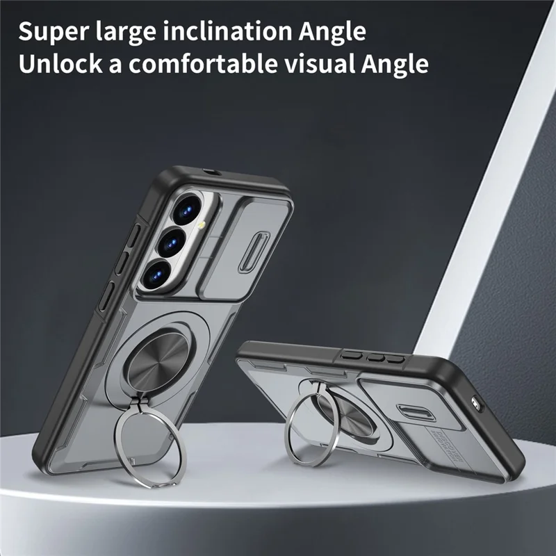 For Samsung Galaxy S26+  /  S25+  /  S24+ Magnetic Case Slide Camera Cover Rotary Kickstand PC + TPU Phone Shell - Grey