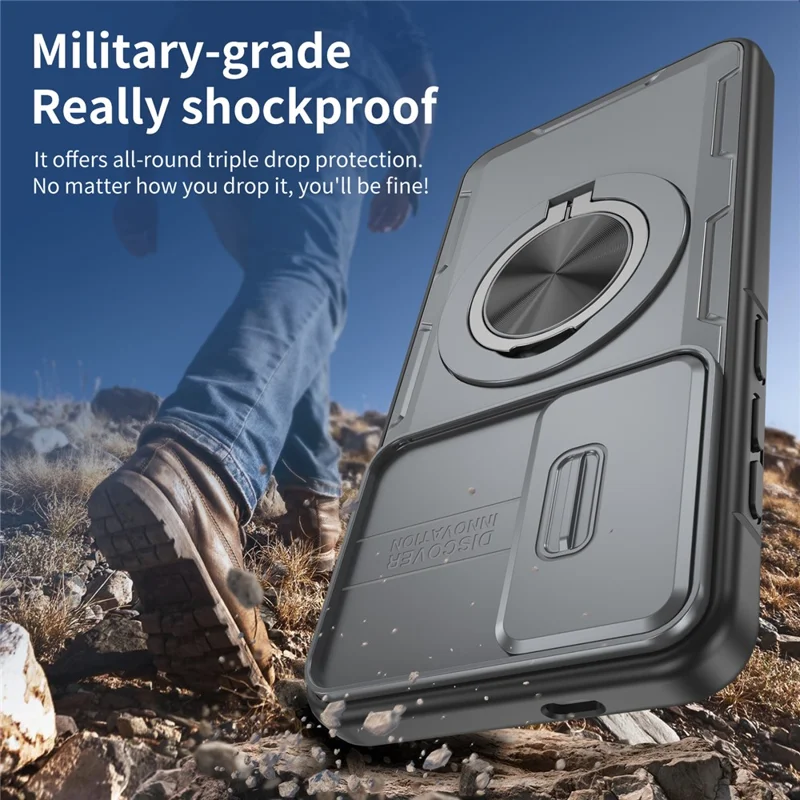 For Samsung Galaxy S26+  /  S25+  /  S24+ Magnetic Case Slide Camera Cover Rotary Kickstand PC + TPU Phone Shell - Grey