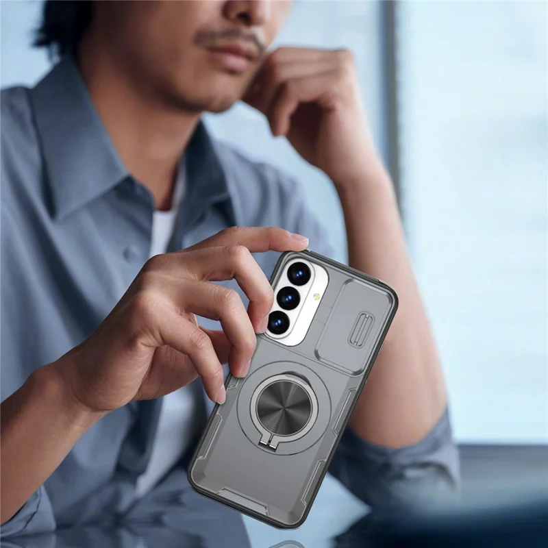 For Samsung Galaxy S26+  /  S25+  /  S24+ Magnetic Case Slide Camera Cover Rotary Kickstand PC + TPU Phone Shell - Grey