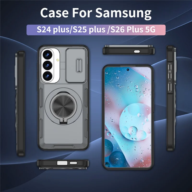 For Samsung Galaxy S26+  /  S25+  /  S24+ Magnetic Case Slide Camera Cover Rotary Kickstand PC + TPU Phone Shell - Grey