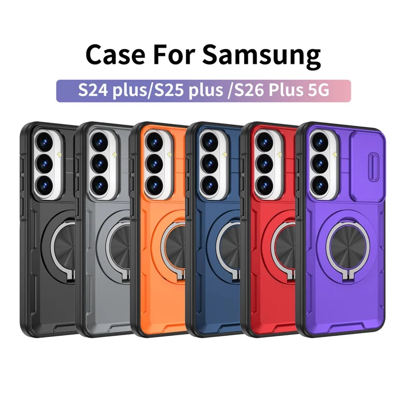 For Samsung Galaxy S26+  /  S25+  /  S24+ Magnetic Case Slide Camera Cover Rotary Kickstand PC + TPU Phone Shell - Grey