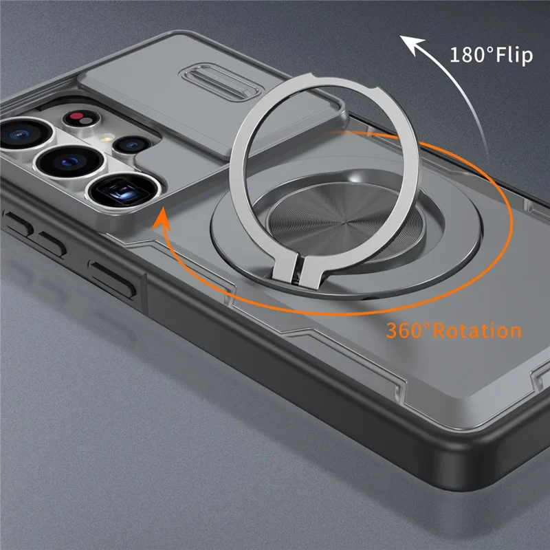 For Samsung Galaxy S26 Ultra Magnetic Case Slide Camera Cover Rotary Kickstand PC + TPU Phone Shell - Grey - 4