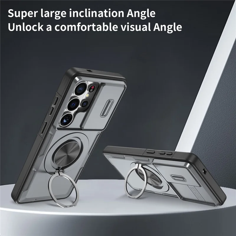 For Samsung Galaxy S26 Ultra Magnetic Case Slide Camera Cover Rotary Kickstand PC + TPU Phone Shell - Grey - 5