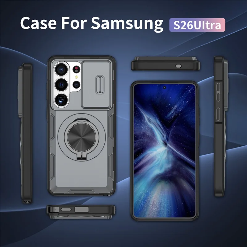For Samsung Galaxy S26 Ultra Magnetic Case Slide Camera Cover Rotary Kickstand PC + TPU Phone Shell - Grey - 8