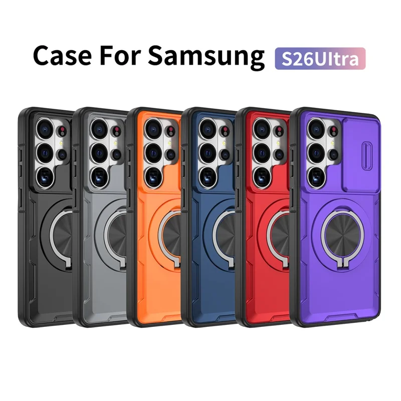 For Samsung Galaxy S26 Ultra Magnetic Case Slide Camera Cover Rotary Kickstand PC + TPU Phone Shell - Grey - 9