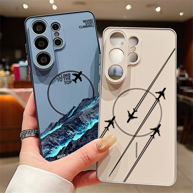 For Samsung Galaxy S25 Ultra Magnetic Case UV Printing Mountain Aircraft Pattern Shockproof PC + TPU Cover - Grey