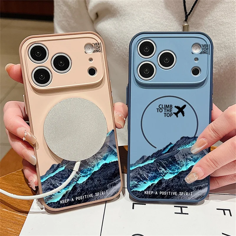 För iPhone 17 Pro Max Magnetisk Hölje UV-tryck Berg Flygplan mönster Chockabsorberande PC + TPU Hölje - Mörkblå