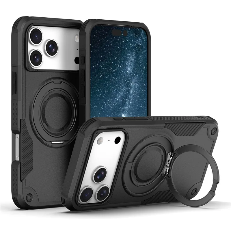 För iPhone 17 Pro Max Magnetisk Skal Med Rotationsbar Ringstöd Chockabsorberande TPU PC Rüst Telefonskal - Svart