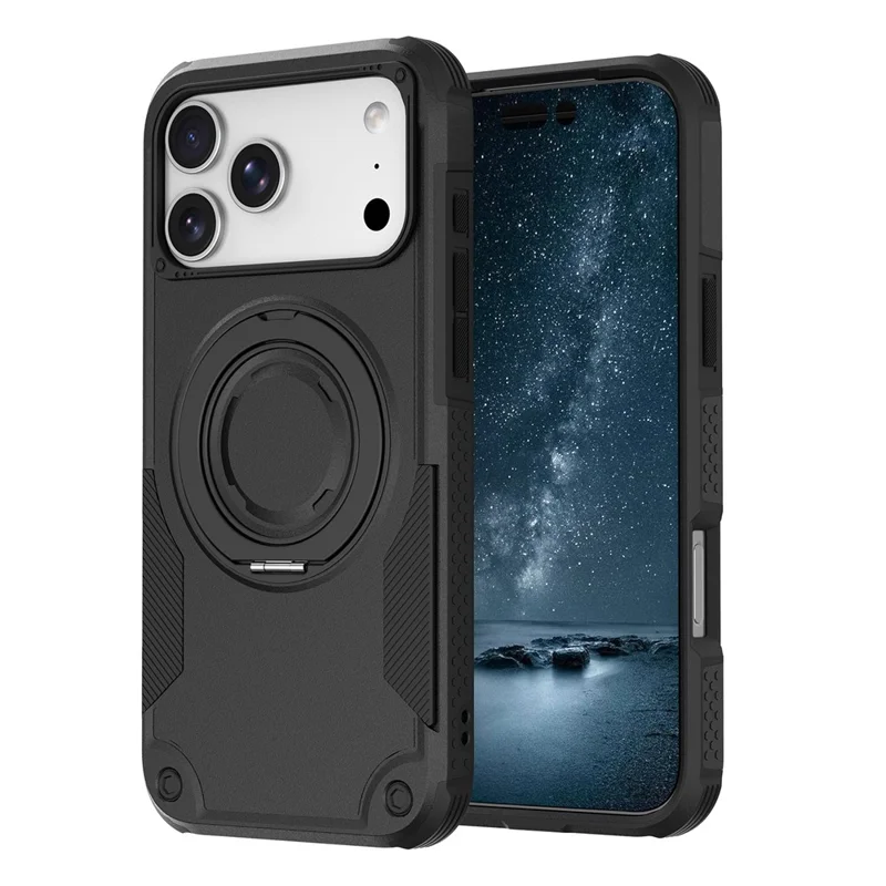 För iPhone 17 Pro Max Magnetisk Skal Med Rotationsbar Ringstöd Chockabsorberande TPU PC Rüst Telefonskal - Svart