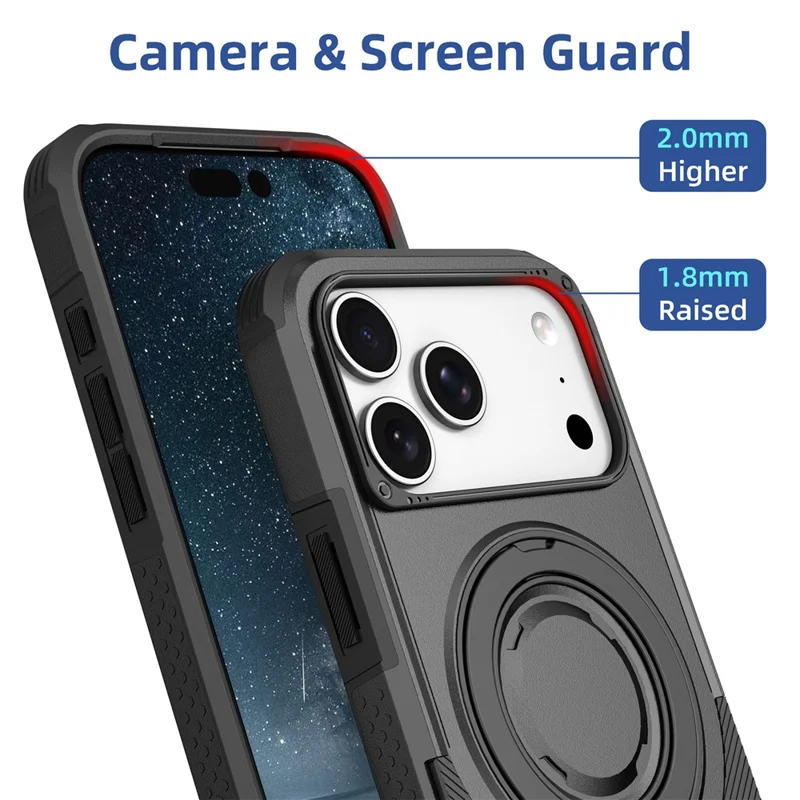 För iPhone 17 Pro Max Magnetisk Skal Med Rotationsbar Ringstöd Chockabsorberande TPU PC Rüst Telefonskal - Svart