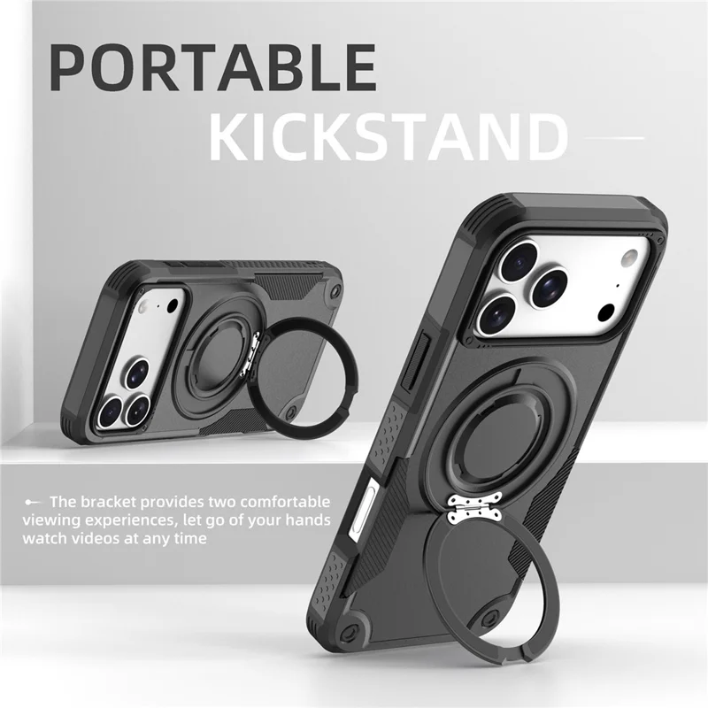 För iPhone 17 Pro Max Magnetisk Skal Med Rotationsbar Ringstöd Chockabsorberande TPU PC Rüst Telefonskal - Svart