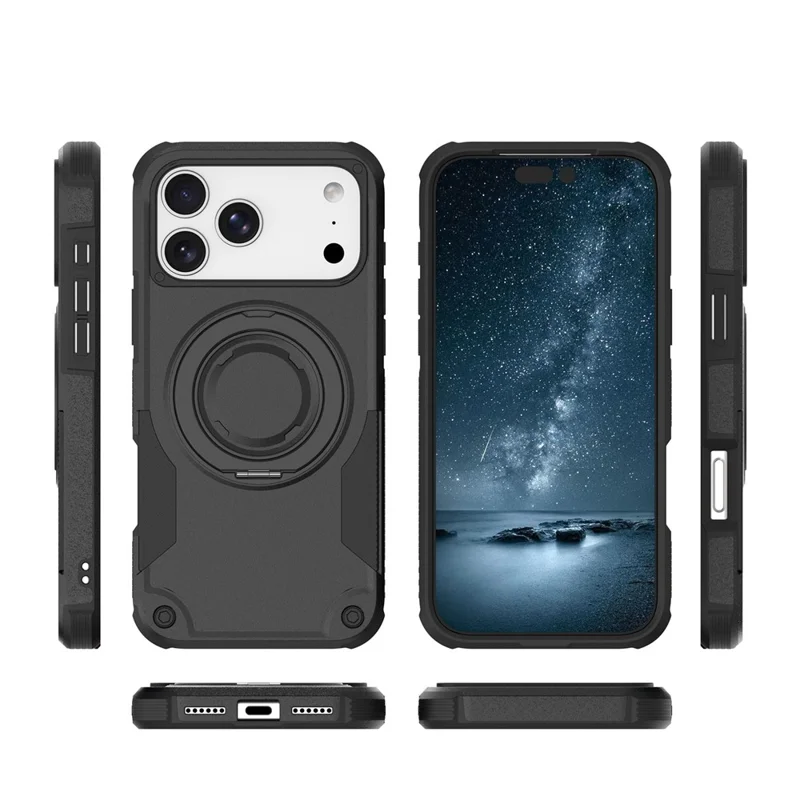 För iPhone 17 Pro Max Magnetisk Skal Med Rotationsbar Ringstöd Chockabsorberande TPU PC Rüst Telefonskal - Svart
