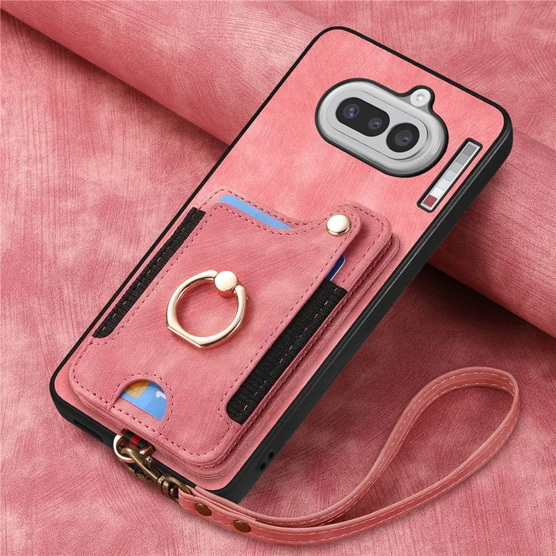 För Nothing Phone (4a) Retro PU-läderfodral med RFID-skyddad kortbehållare / Ringhållare - Rosa