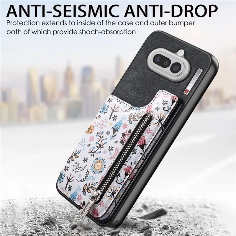 For Nothing Phone (4a) Leather Phone Cover with RFID Blocking Zipper Card Bag Kickstand - Black