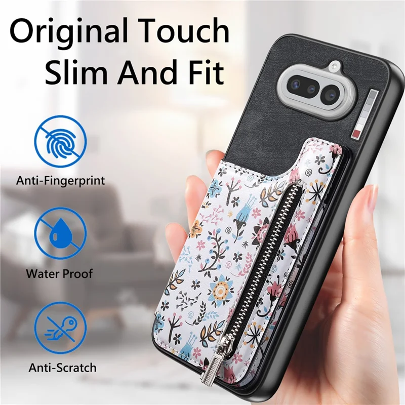 For Nothing Phone (4a) Leather Phone Cover with RFID Blocking Zipper Card Bag Kickstand - Black