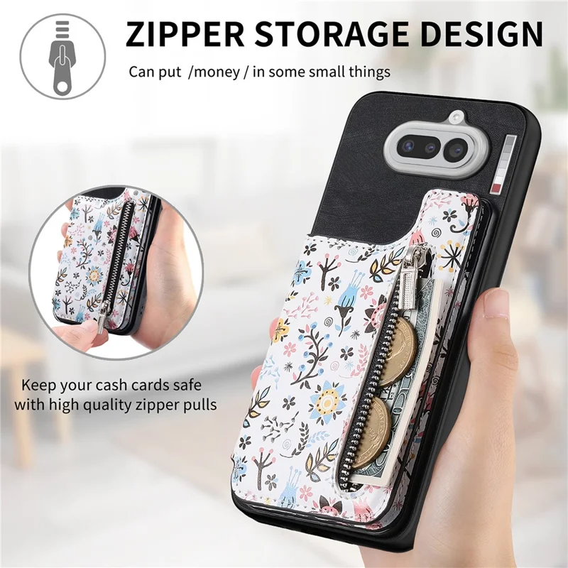 For Nothing Phone (4a) Leather Phone Cover with RFID Blocking Zipper Card Bag Kickstand - Black