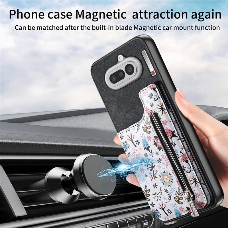 For Nothing Phone (4a) Leather Phone Cover with RFID Blocking Zipper Card Bag Kickstand - Black