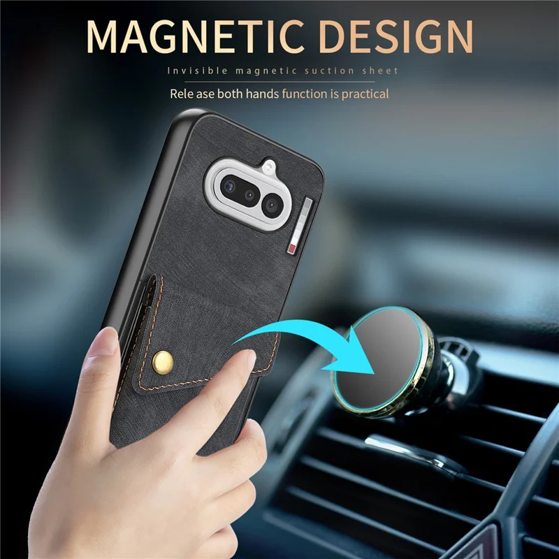 For Nothing Phone (4a) Case with Card Holder Kickstand Leather Phone Back Cover - Black