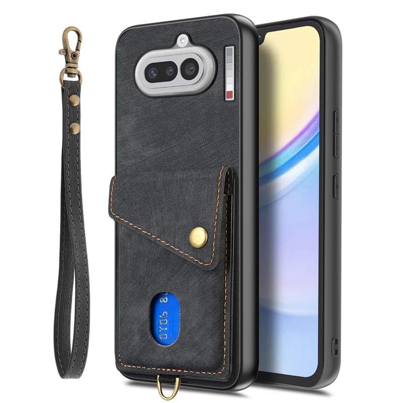 For Nothing Phone (4a) Case with Card Holder Kickstand Leather Phone Back Cover - Black