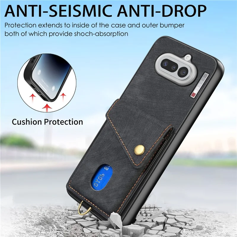 For Nothing Phone (4a) Case with Card Holder Kickstand Leather Phone Back Cover - Black