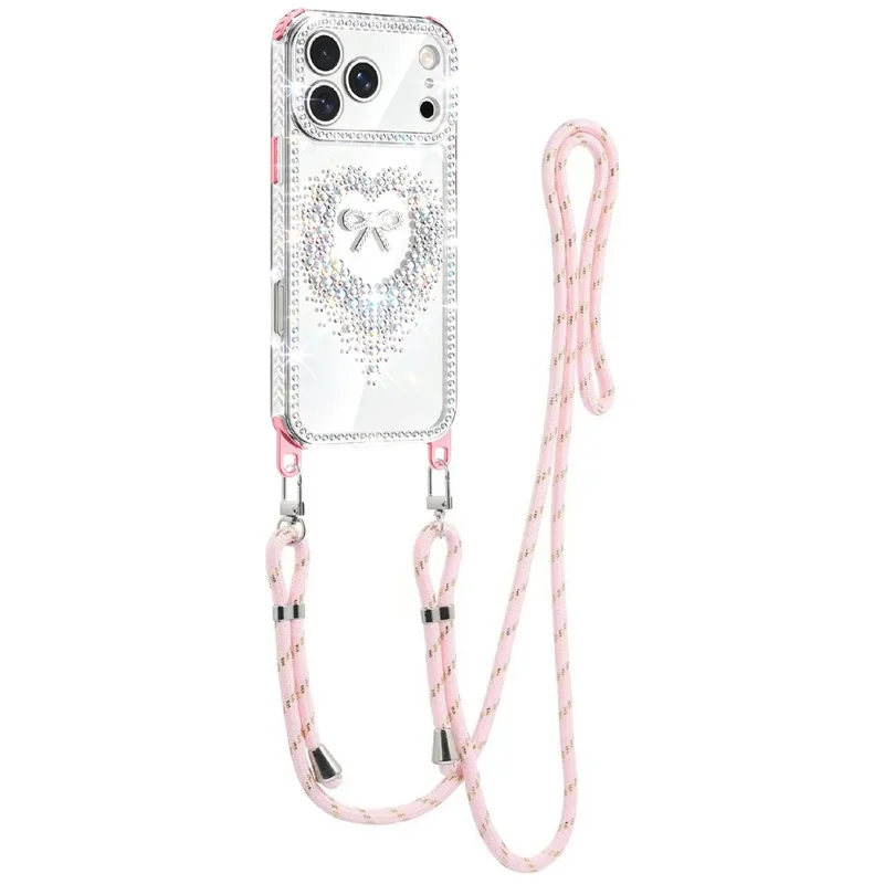 For iPhone 17 Pro Case Rhinestone Heart Bow PC + TPU Corner Protection Phone Cover with Long Strap - Pink