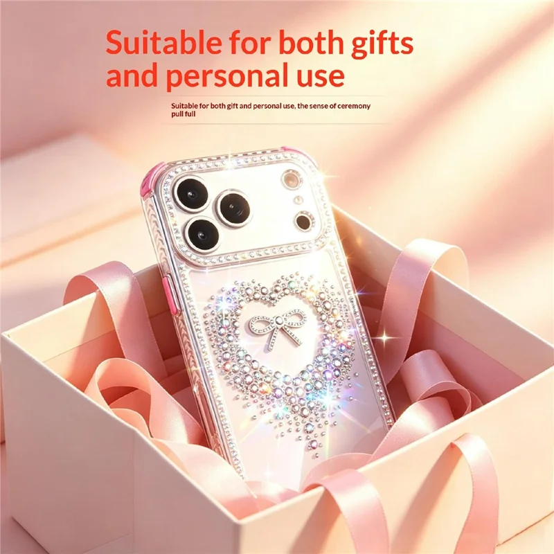 For iPhone 17 Pro Case Rhinestone Heart Bow PC + TPU Corner Protection Phone Cover with Long Strap - Pink