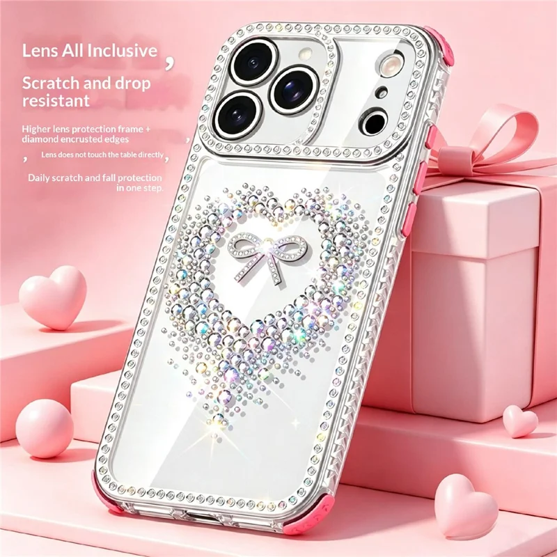 For iPhone 17 Pro Case Rhinestone Heart Bow PC + TPU Corner Protection Phone Cover with Long Strap - Pink