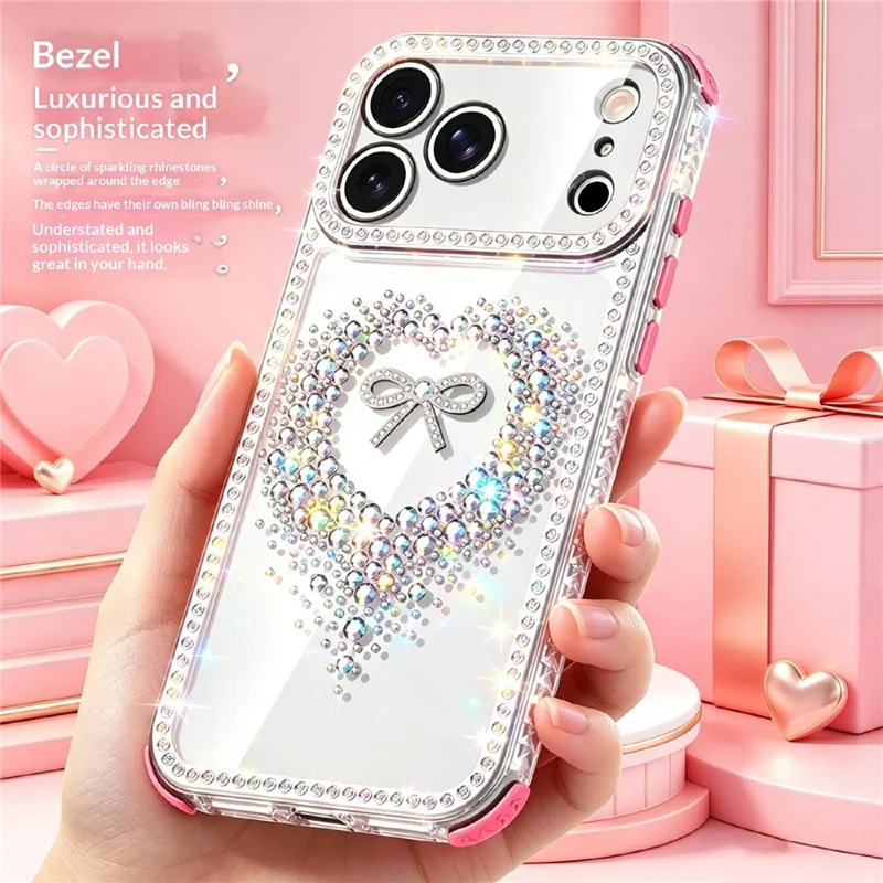 For iPhone 17 Pro Case Rhinestone Heart Bow PC + TPU Corner Protection Phone Cover with Long Strap - Pink