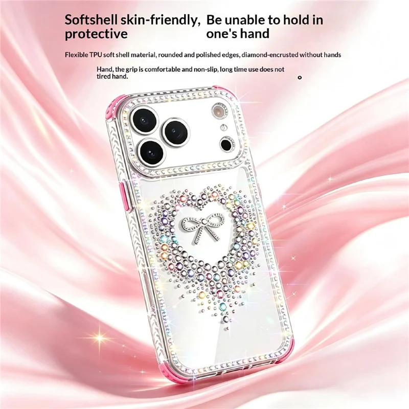 For iPhone 17 Pro Case Rhinestone Heart Bow PC + TPU Corner Protection Phone Cover with Long Strap - Pink