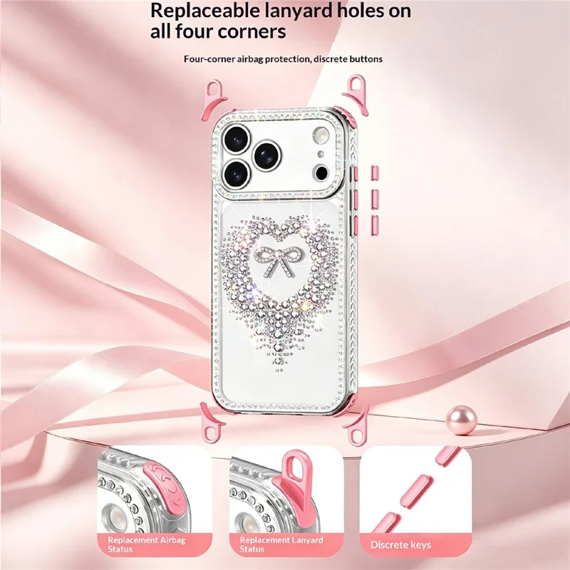 For iPhone 17 Pro Case Rhinestone Heart Bow PC + TPU Corner Protection Phone Cover with Long Strap - Pink