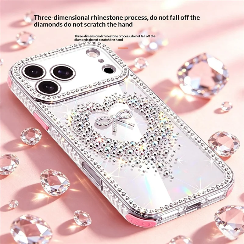 For iPhone 17 Pro Case Rhinestone Heart Bow PC + TPU Corner Protection Phone Cover with Long Strap - Pink