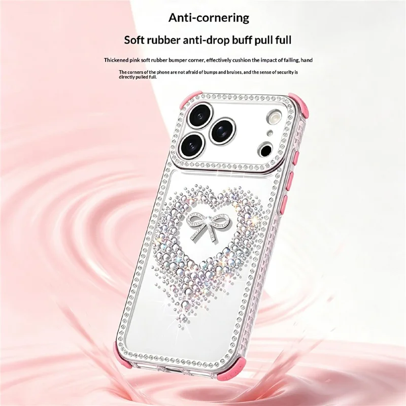 For iPhone 17 Pro Case Rhinestone Heart Bow PC + TPU Corner Protection Phone Cover with Long Strap - Pink