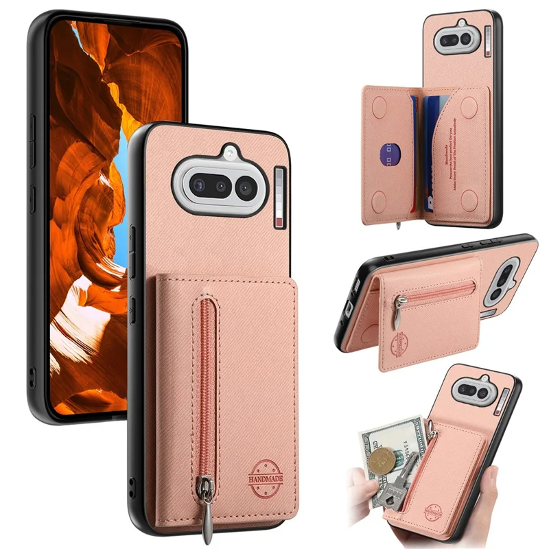 For Nothing Phone (4a) Case Zipper Card Holder Kickstand Jeans Cloth Texture Leather Back Cover - Pink