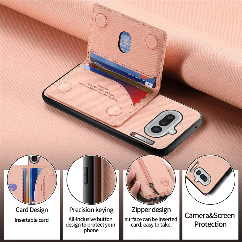 For Nothing Phone (4a) Case Zipper Card Holder Kickstand Jeans Cloth Texture Leather Back Cover - Pink