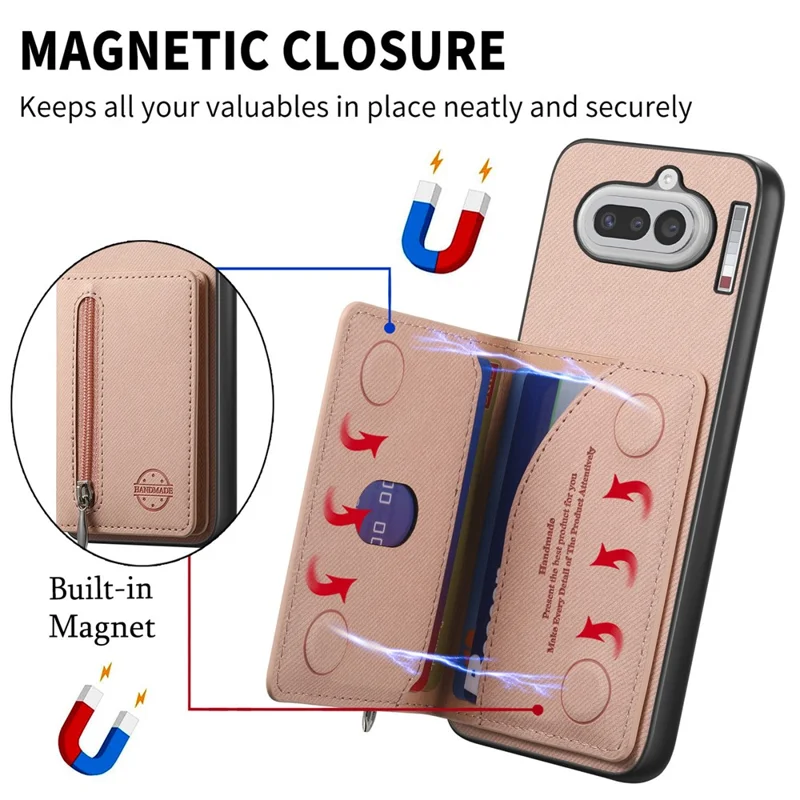 For Nothing Phone (4a) Case Zipper Card Holder Kickstand Jeans Cloth Texture Leather Back Cover - Pink
